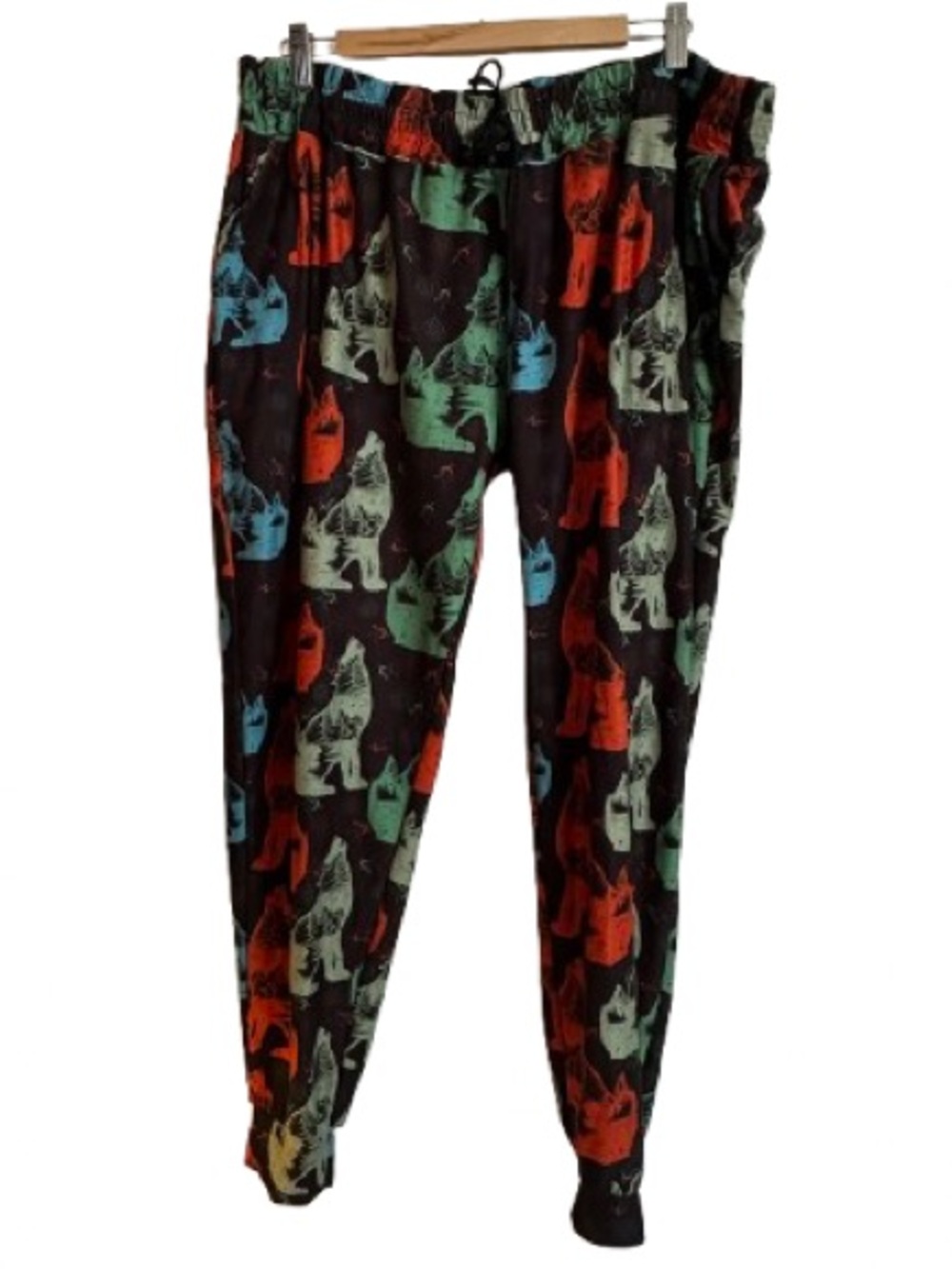 Black Multicolor Wolf-Print Jogger Pants